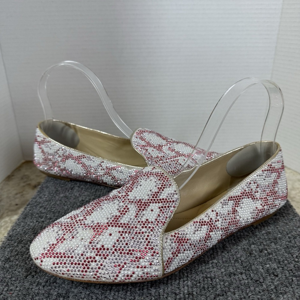 Brian Atwood Loafers 8.5 Fits 8 Crystal Rhinestone Red Pink White Slip On Flats - Picture 2 of 16